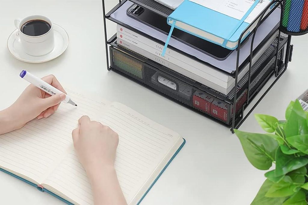 Büro Organizer mit 4 Regalen und Schublade - Papierbriefspeicher - 2 Stiftehalter - Home Office Organizer - Schwarz