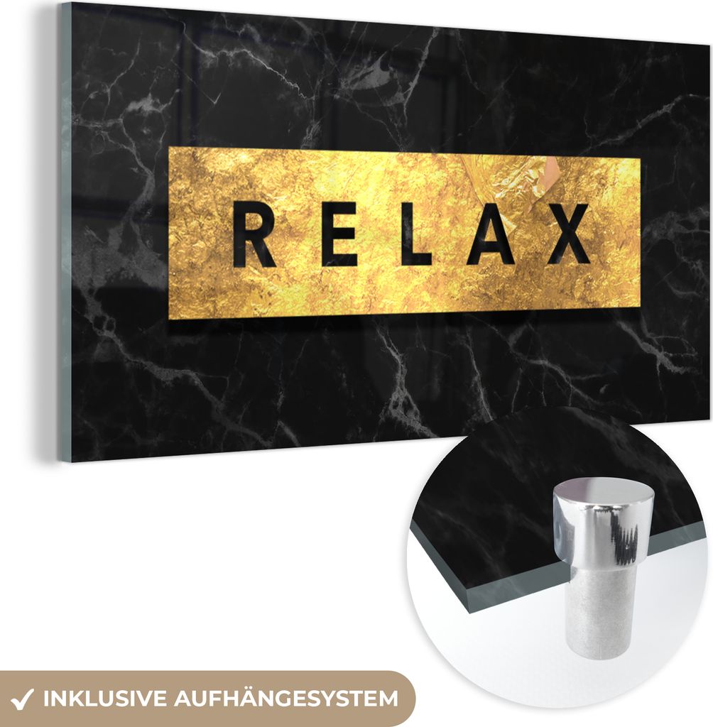 MuchoWow Glasbilder - Bilder auf Wandbild - Foto auf Glas Zitate - Entspannen - Gold - Marmor 80x40 cm Wanddekoration aus Glas - Acrylglasbild - Ac...