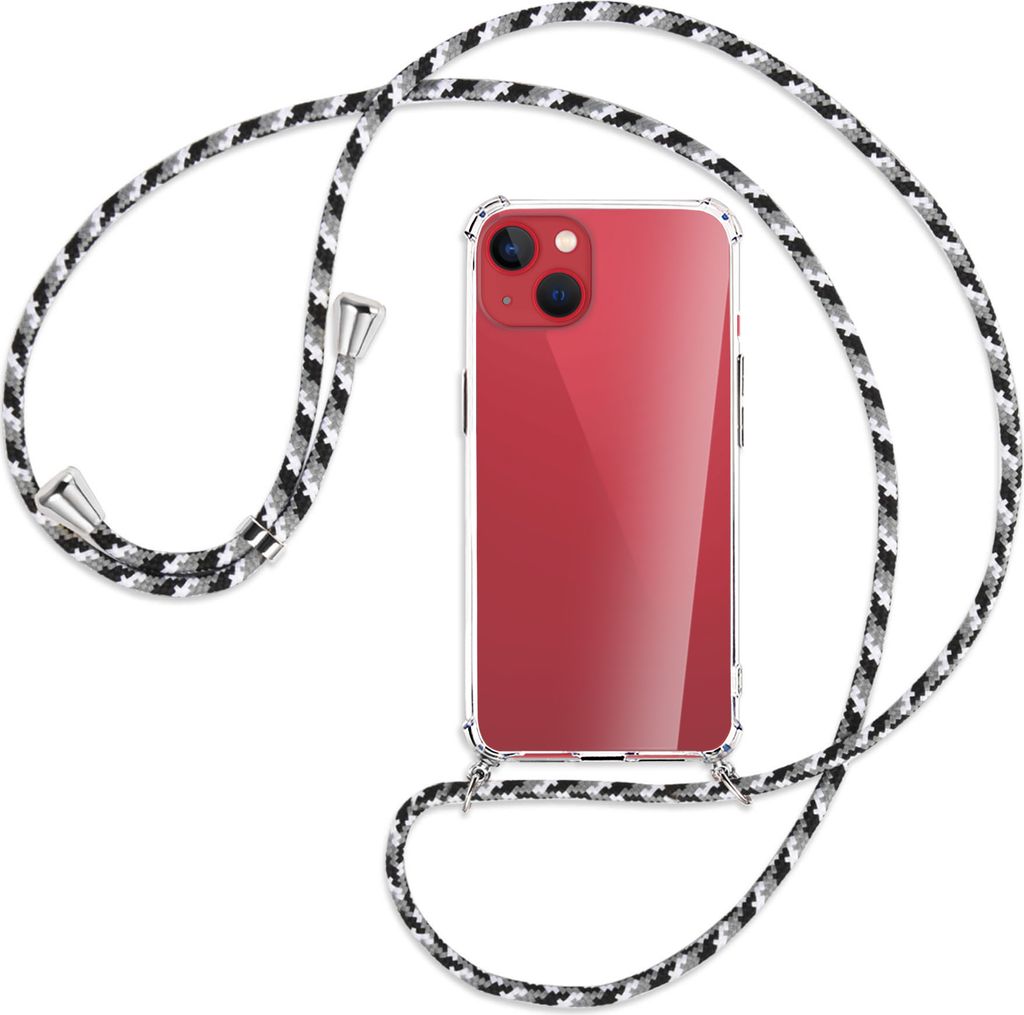 Handykette Backcover-Schutzhülle mit Band (Metall silberfarben) für Apple iPhone 13 - schwarz/grau/weiß
