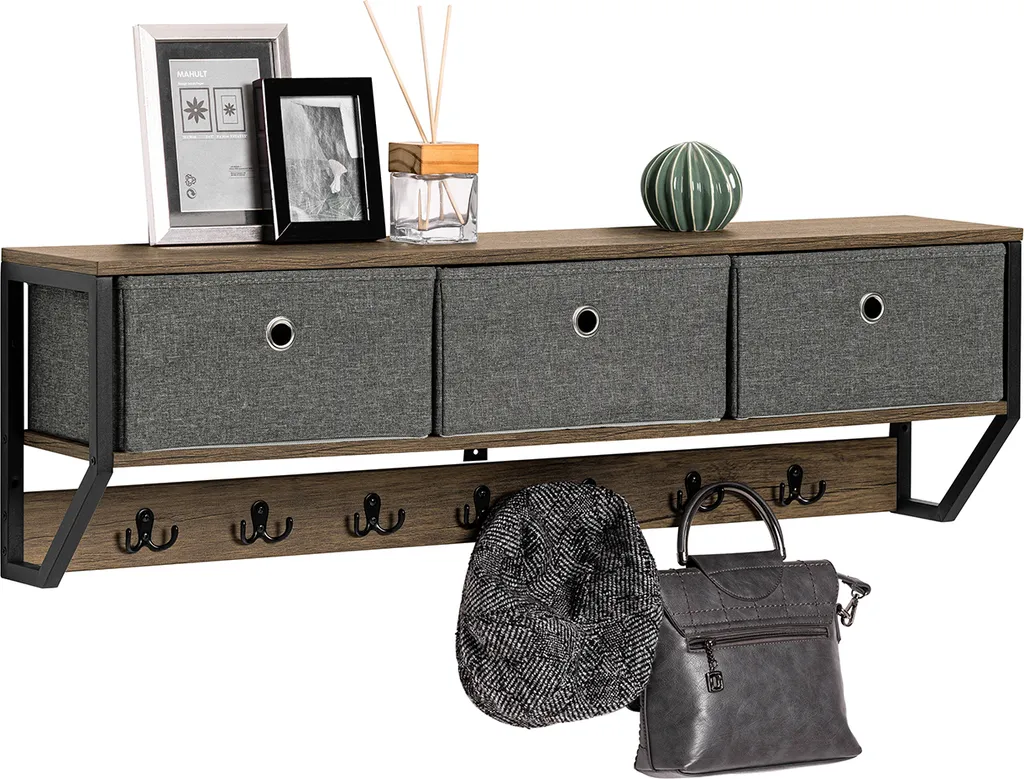 Portemanteau Mural Design en Bois Gris, Support de Rangement 6 Têtes