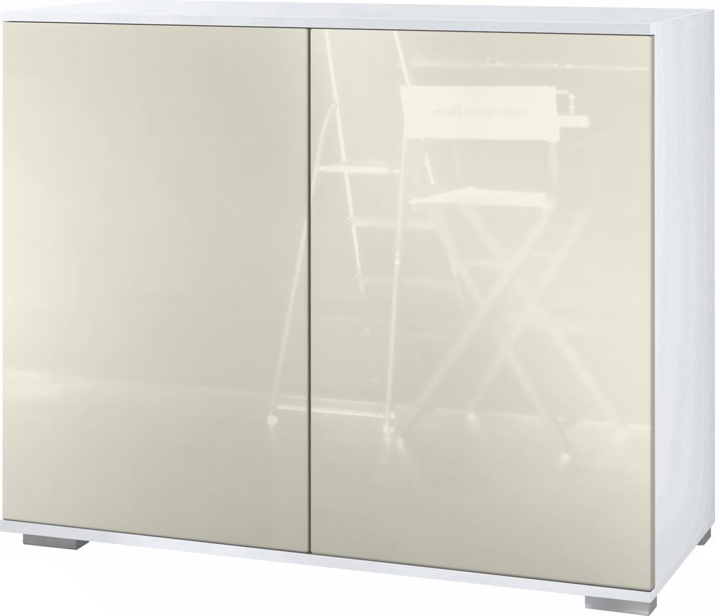 Vladon Kommode Skadu V3, Moderner Küchenschrank mit 2 großen Türen Weiß matt / Creme Hochglanz (92,5 x 75.5 x 35)