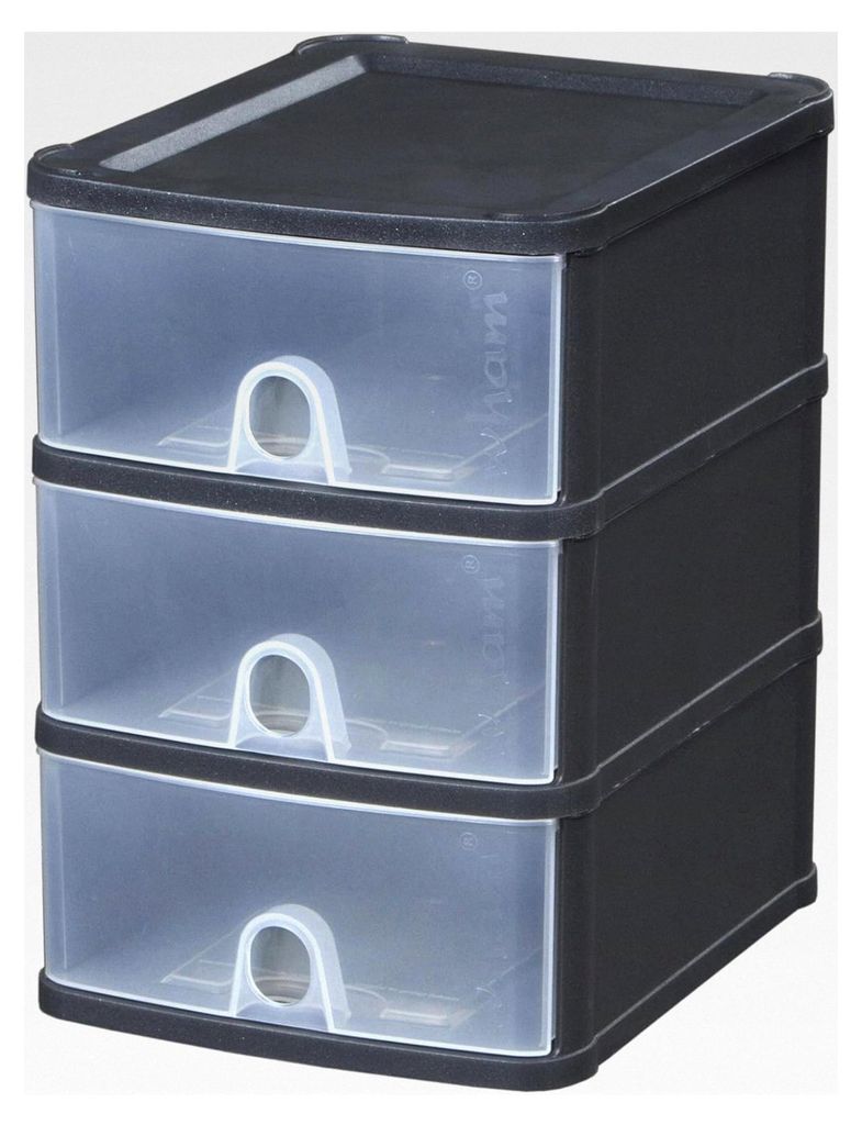 Schubladenbox DIN A5 mit 3 Schubladen 25x20x29 cm - schwarz-transparent Kunststoff Organizer für den Schreibtisch
