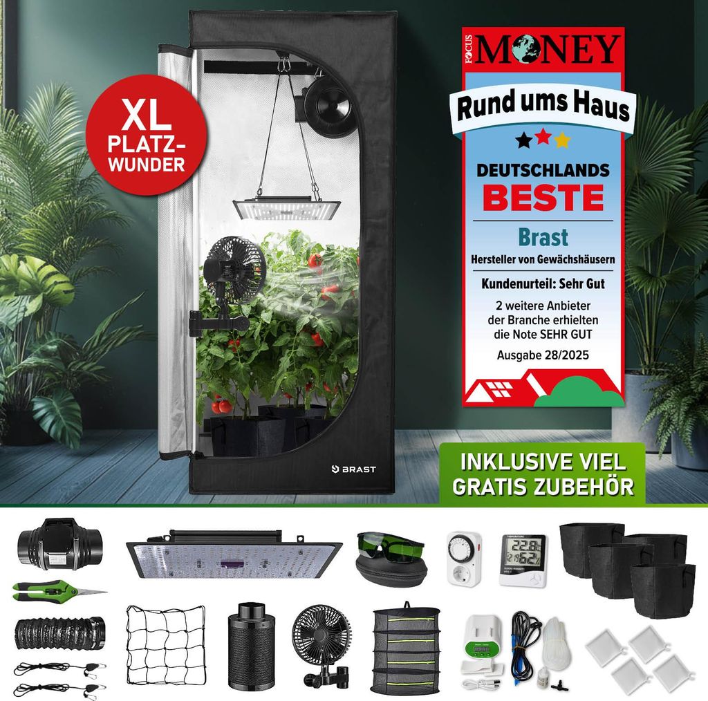 BRAST Growzelt GrowBox | Komplettset inkl. Sonderzubehör | 70x70x160cm | Vollspektrum LED Technologie | Belüftungs- & Bewässerungssystem | licht...