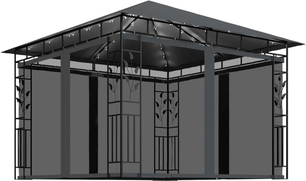 Pavillon mit Moskitonetz & LED-Lichterkette 3x3x2,73m Anthrazit