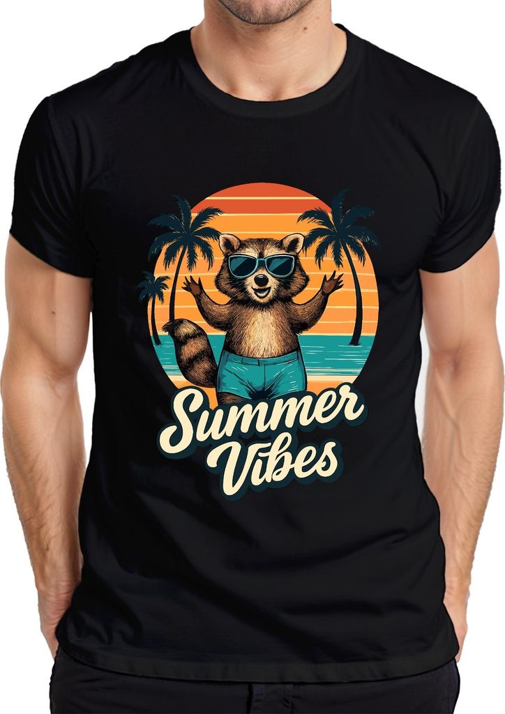 Summer Vibes Waschbär Sonnenbrille Strand Palmen Retro Vintage Herren T-Shirt, Schwarz, XL