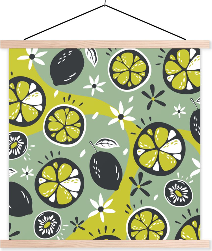 MuchoWow Textilposter Sommer - Obst - Blumen 120x120 cm mit holzfarbenen Rahmen - Textil-Poster