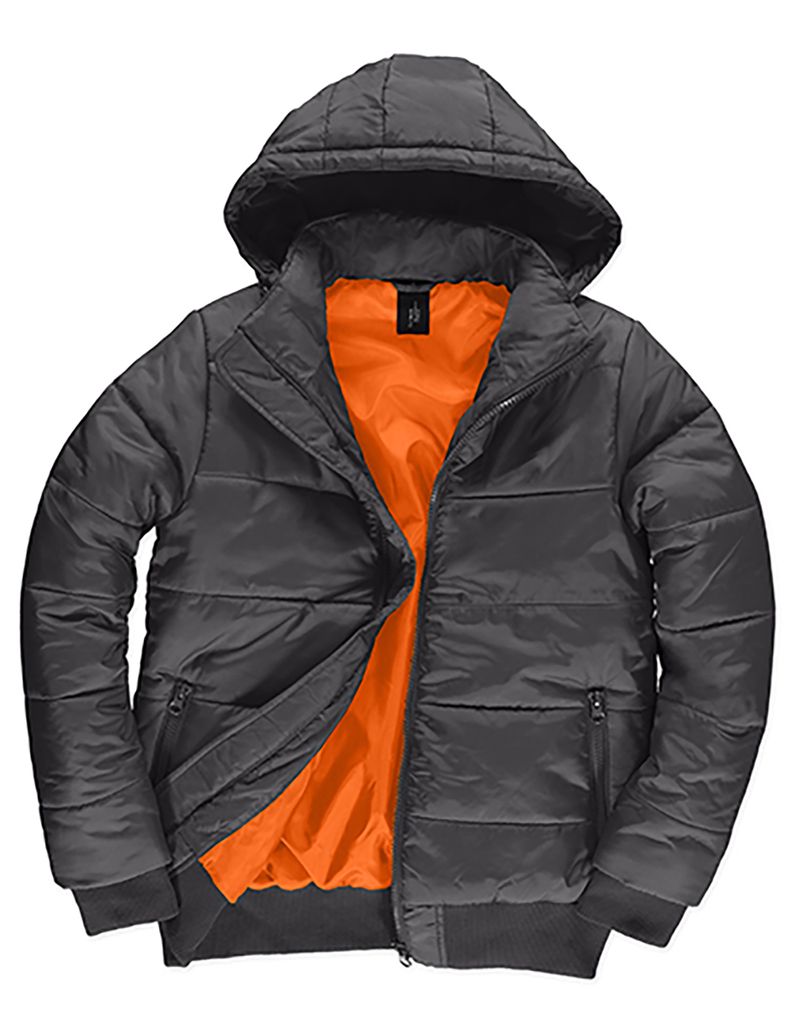 B&C Herren Windjacke Steppjacke Daunenjacke Kapuze Winterjacke Outdoor, Größe:3XL, Farbe:Dark Grey/Neon Orange