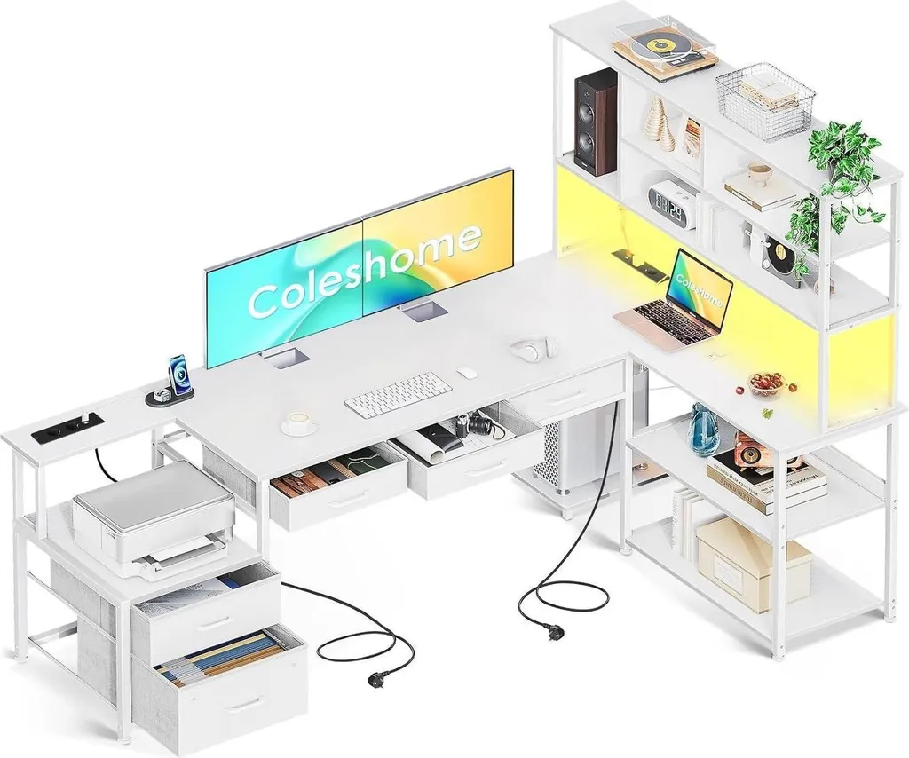Bureau informatique en angle blanc 180cm : Grand plan de travail en L
