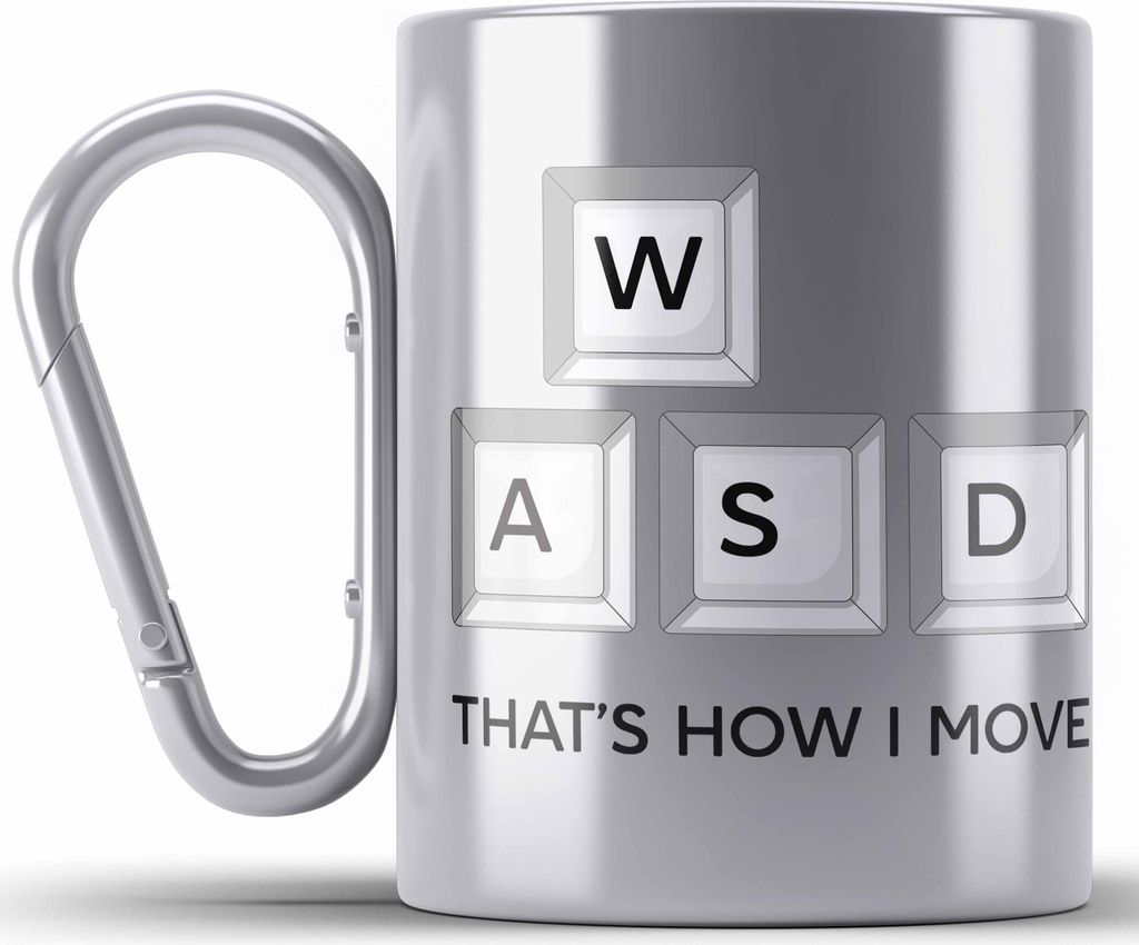 Trendation - Gamer Edelstahl Tasse Karabiner WASD Geschenk Zocker Jungs Lustiges Dekokissen That's How I Move Gaming PC (Silber)