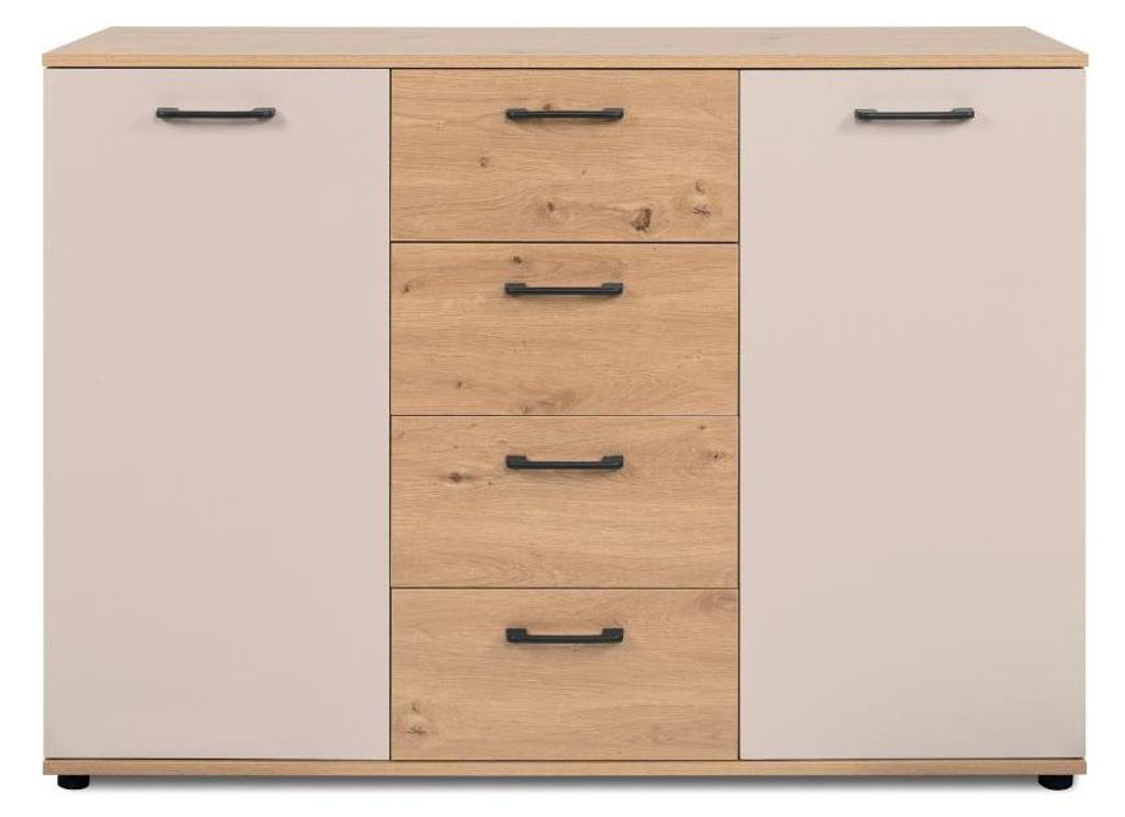CALICOSY - Sideboard mit 2 Türen, 4 Schubladen, Eicheneffekt und Kaschmir B120 cm - LINO