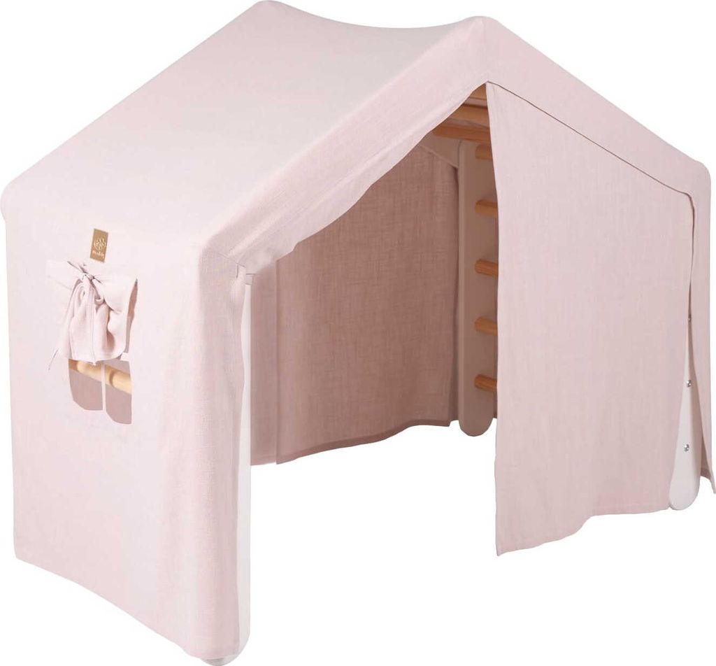 MeowBaby Großes Haus mit faltbarer Kinderleiter 112x61x94 cm für das Zimmer. Holz, Leinen, Baumwolle, Rosa Haus, Leiter Weiß