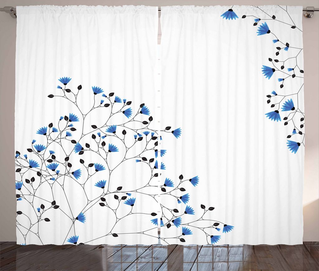 ABAKUHAUS Vintage Blue Rustikaler Vorhang, Anemone Blanda, Wohnzimmer Universalband Gardinen mit Schlaufen und Haken, 280 x 175 cm, Schwarz Weiß Blau
