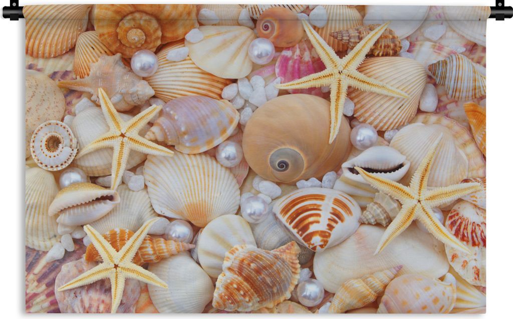 MuchoWow Wandteppich Wandbehang Muscheln - Perlen - Seesterne - Strand 90x60 cm Tapisserie Dekoration Wandtuch - Wandskulpturen - Bildteppich