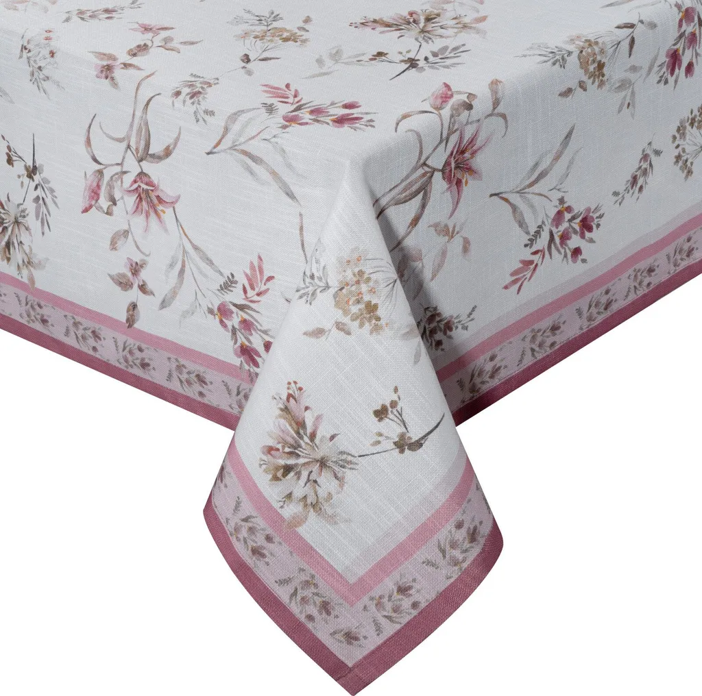 Nappe rectangulaire fleurs facile à laver 140x220 cm blanc et rose
