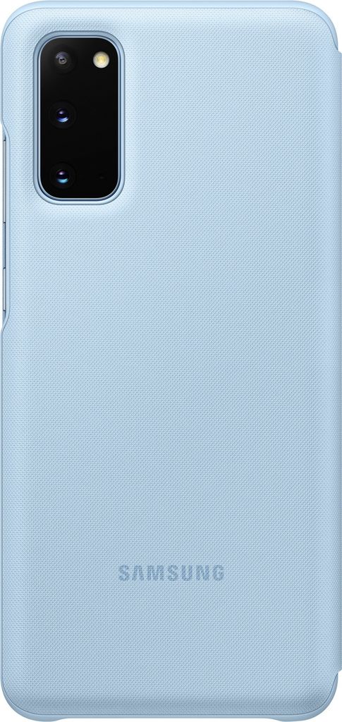 A light blue Samsung phone case is shown from the back.