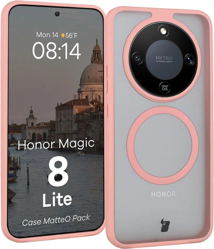 Schutzhülle mit Magnetring + gehärtetem Glas Bizon MatteO Pack für Honor Magic8 Lite, Getönt-Hellrosa