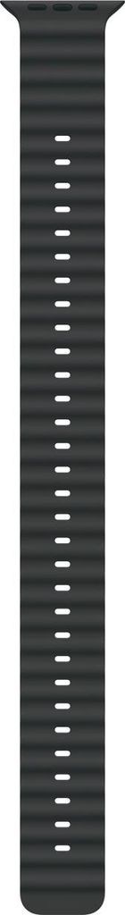 A close-up, top-down view of a black watch band extension with white dashed lines.