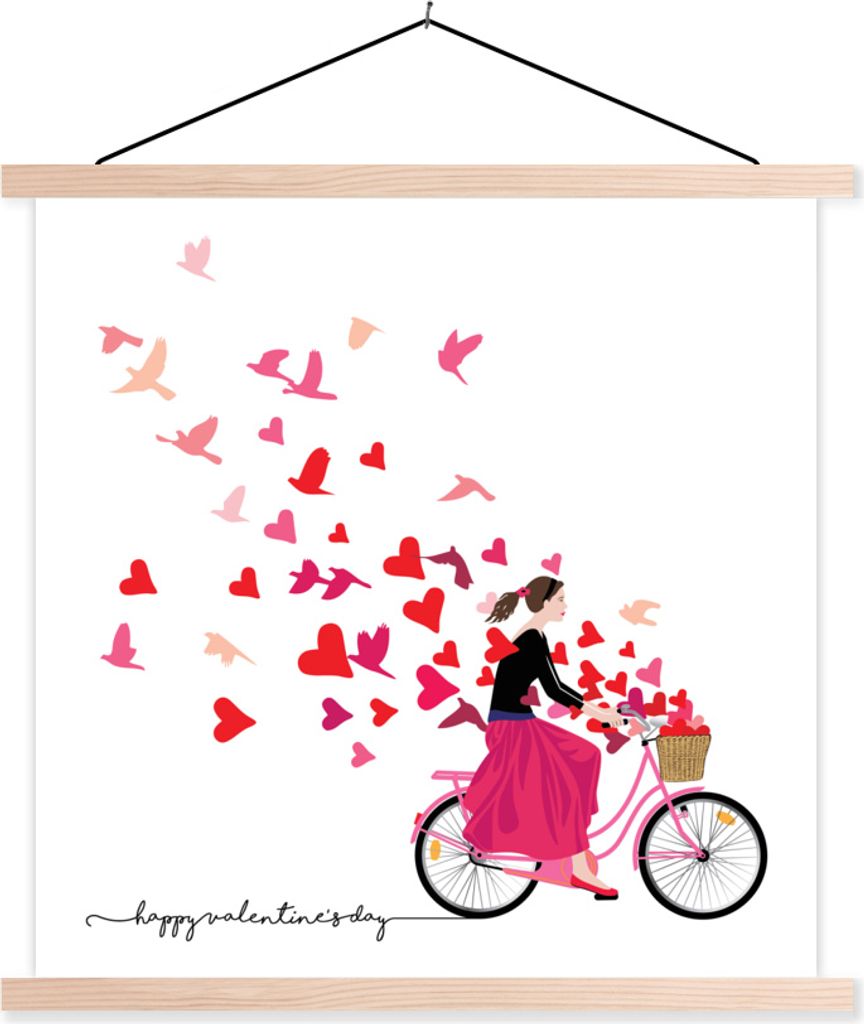 MuchoWow Textilposter Eine Illustration einer Frau auf einem Fahrrad mit einem Korb voller Herzen 120x120 cm mit holzfarbenen Rahmen - Textil-Poster