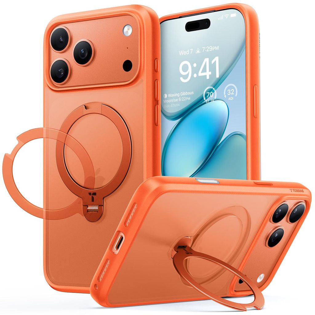 TORRAS Ostand Spin Series iPhone 17pro max Hülle Orange–360° stabiler Ständer, MagSafe, Militärschutz Case mit Kamera- & Tastenschutz, matte ...