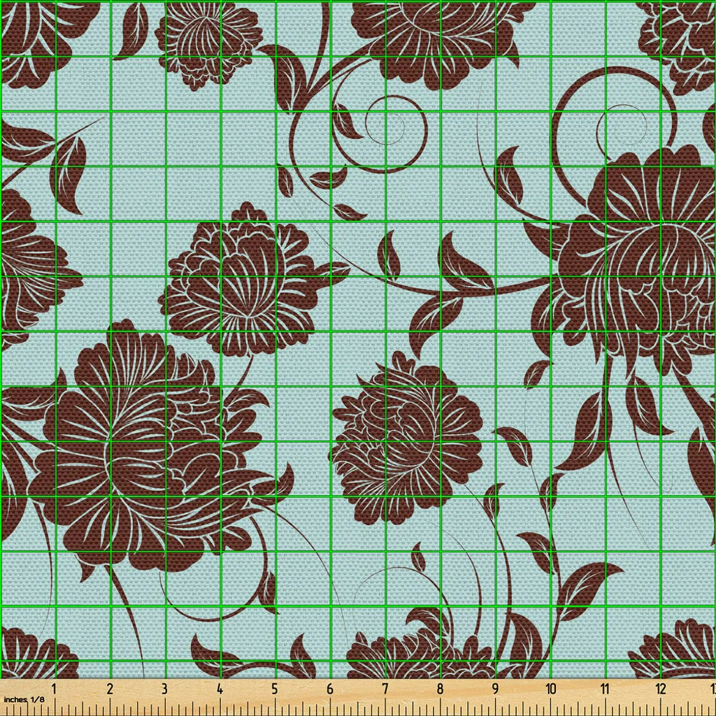 Tissu motif floral bleu ciel et marron 300 cm avec branches sinueuses