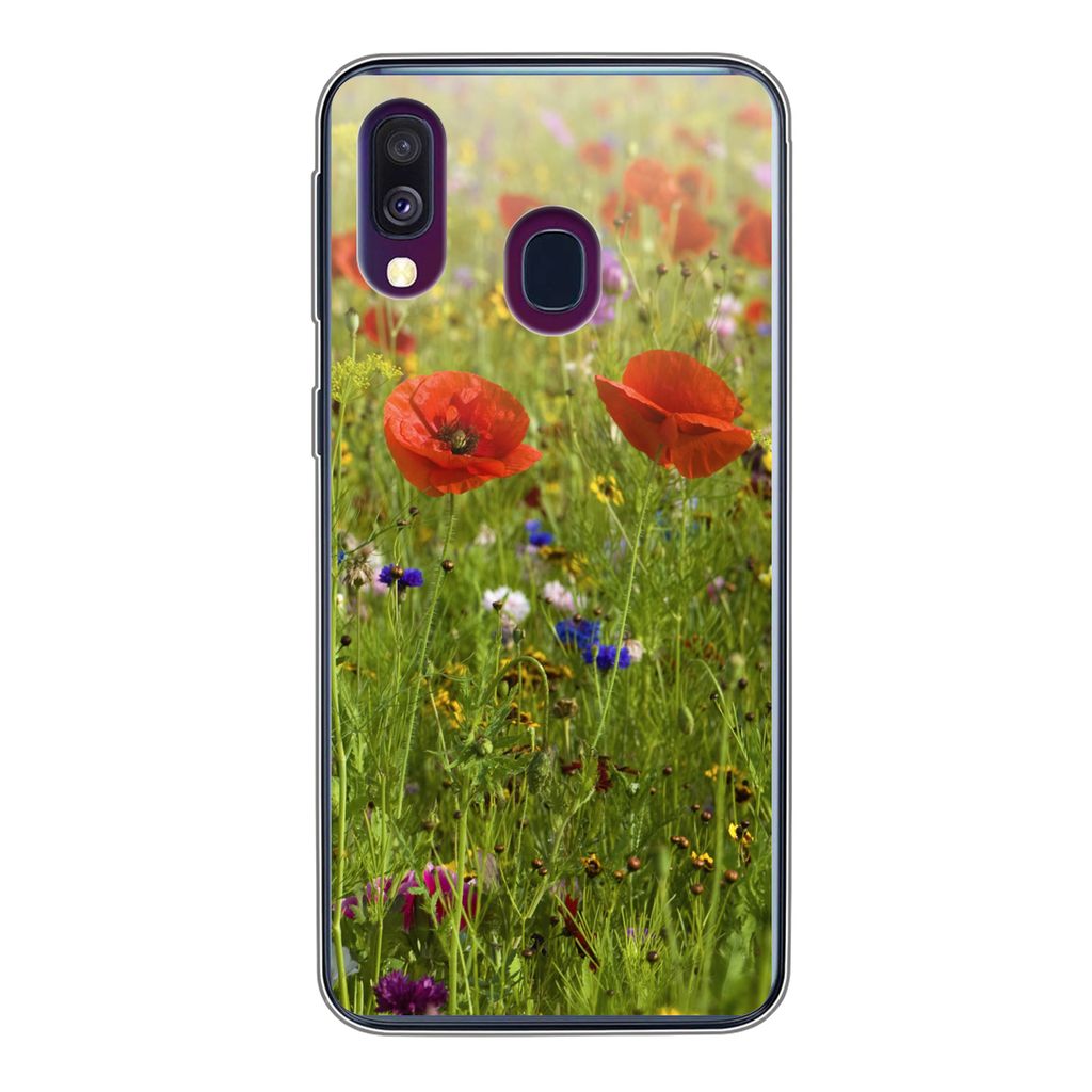 MuchoWow Handyhülle Schutzhülle Hülle für Samsung Galaxy A40 Frühling - Blumen - Rot - Mohn - Gras - Grün Silikon Softcase Handy Hülle - H...