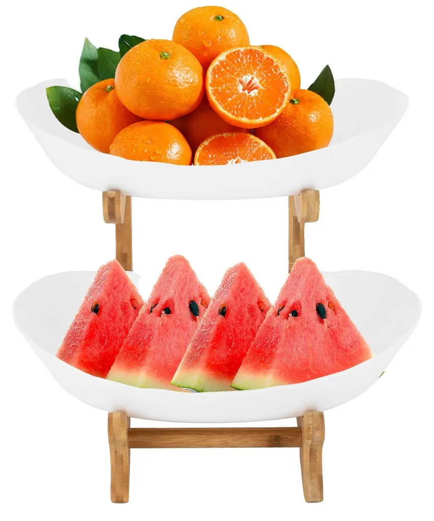 Présentoir à fruits à étages design scandinave en bambou et blanc mat