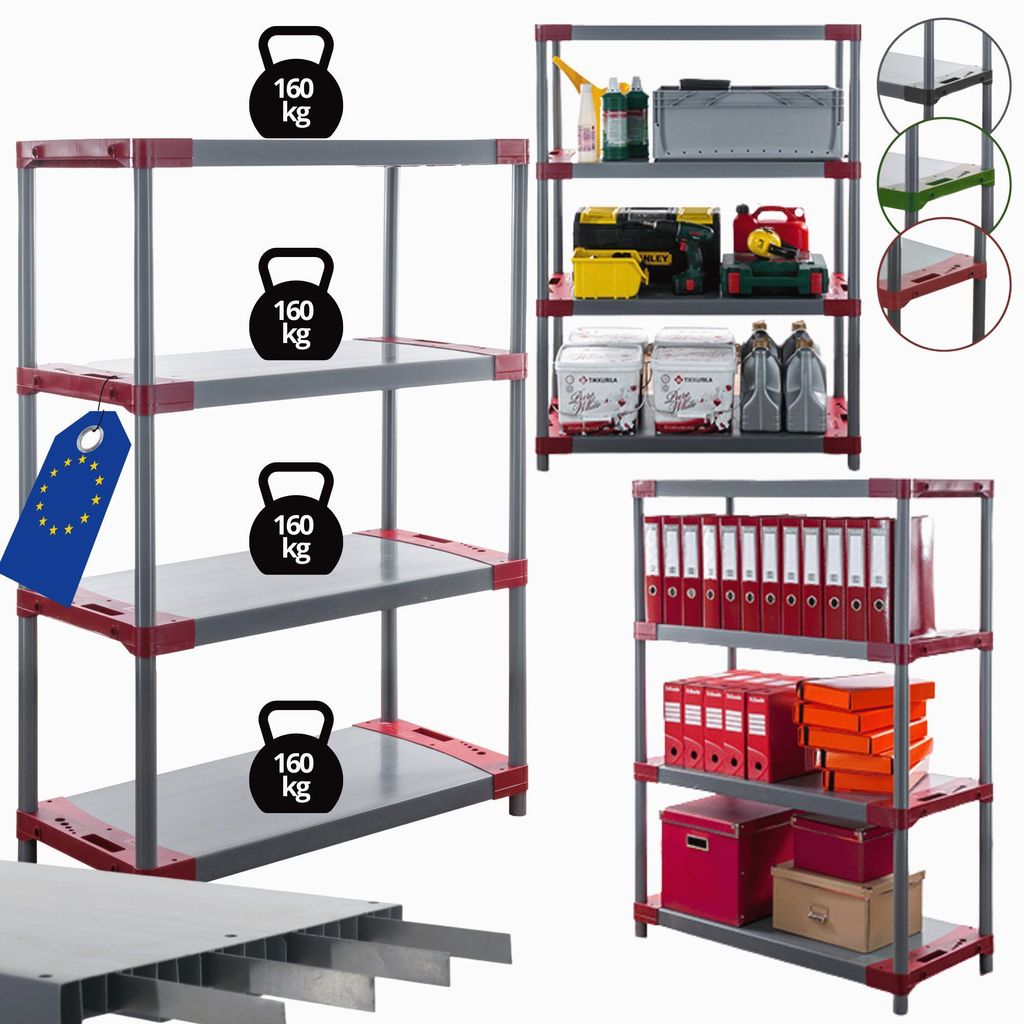 MODO24 Kunststoffregal, 4 Ablagen, 160kg/Boden, Schwerlast, Steckregal, Lagerregal, Plastikregal, Werkstatt, 138x100x46?cm, Rot, TYTAN