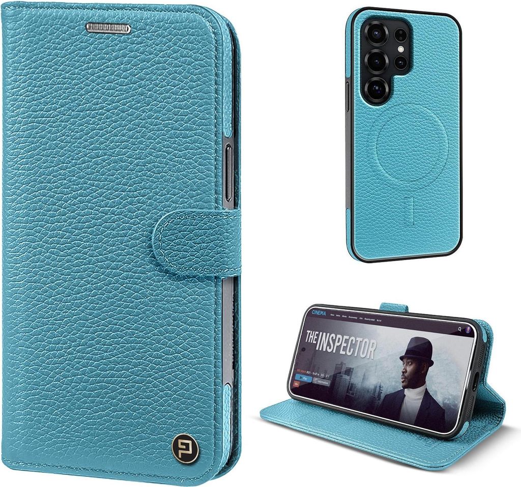 Echtleder Handyhülle für Samsung Galaxy S25 Ultra RFID Schutz Cover Leder Hülle Magnetring 2-in-1 Bumper abnehmbar Farbe: Türkis