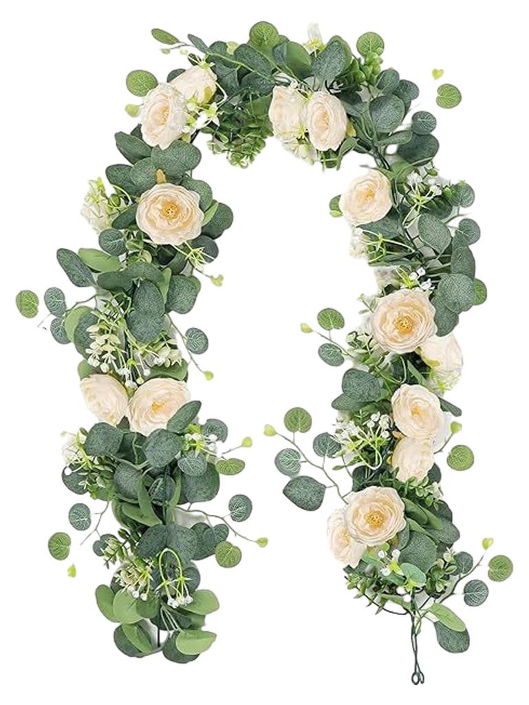 Künstliche Eukalyptusblütengirlande mit Rosen, künstlichem Grün und künstlichen Rosenranken für Hochzeitsfeiern, Tischdekoration, Tischläufe...