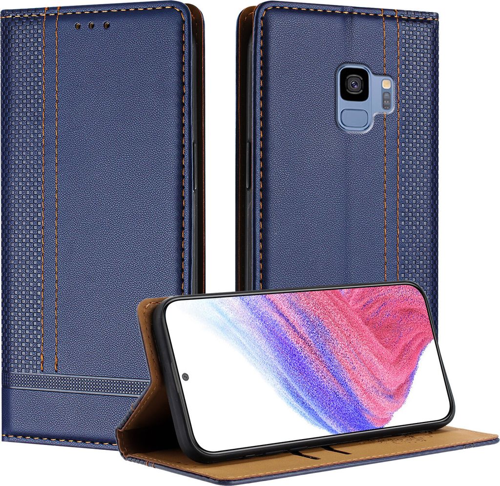 Handyhülle für Samsung Galaxy S9 Leder Flip Klappbare Schutzhülle mit Standfunktion Blau