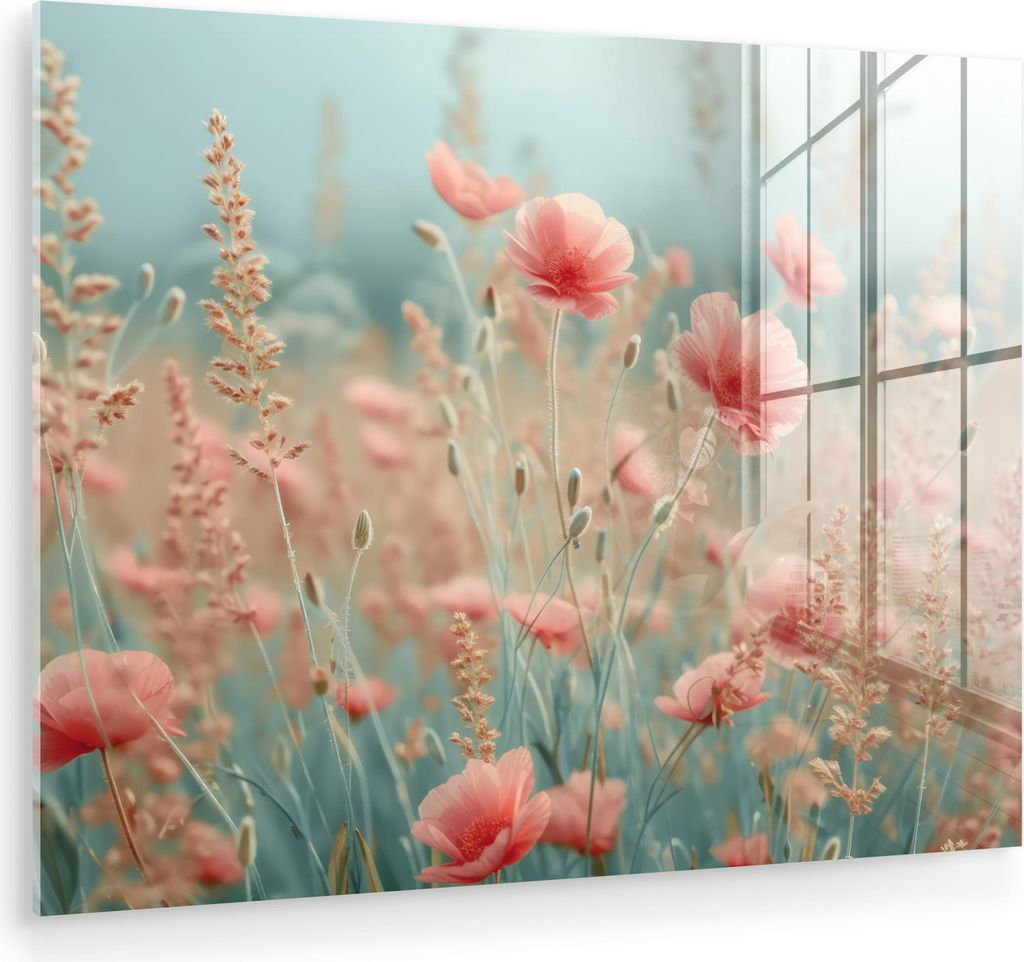 MuchoWow Glasbilder - Bilder auf Wandbild - Foto auf Glas Blumen - Natur - Mohnblumen - Blumenfeld 40x30 cm Wanddekoration aus Glas - Acrylglasbild...