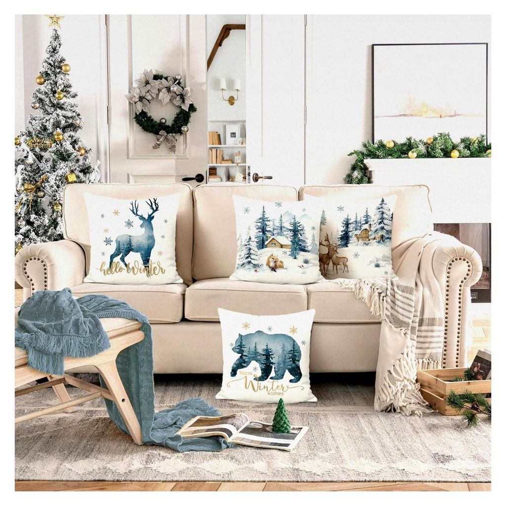 4er Set Kissenbezüge Winter Rentier Blau 45 x 45 cm Bär Hirsch Schnee Kiefer Polyester Leinen Dekorative Kissenhülle Zierkissenbezüge für Sofa...
