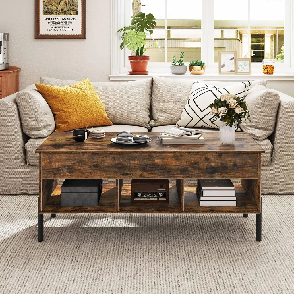 Table de salon relevable avec compartiment caché et rangement marron