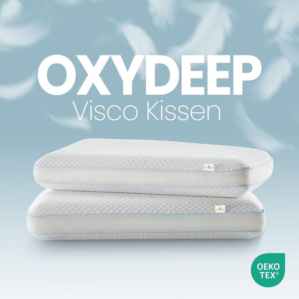 Two white pillows are stacked on top of each other against a light blue background with white feather graphics. The brand name 'OXYDEEP' and 'Visco Kissen' are displayed prominently above the pillows. A green OEKO-TEX logo is in the bottom right corner.