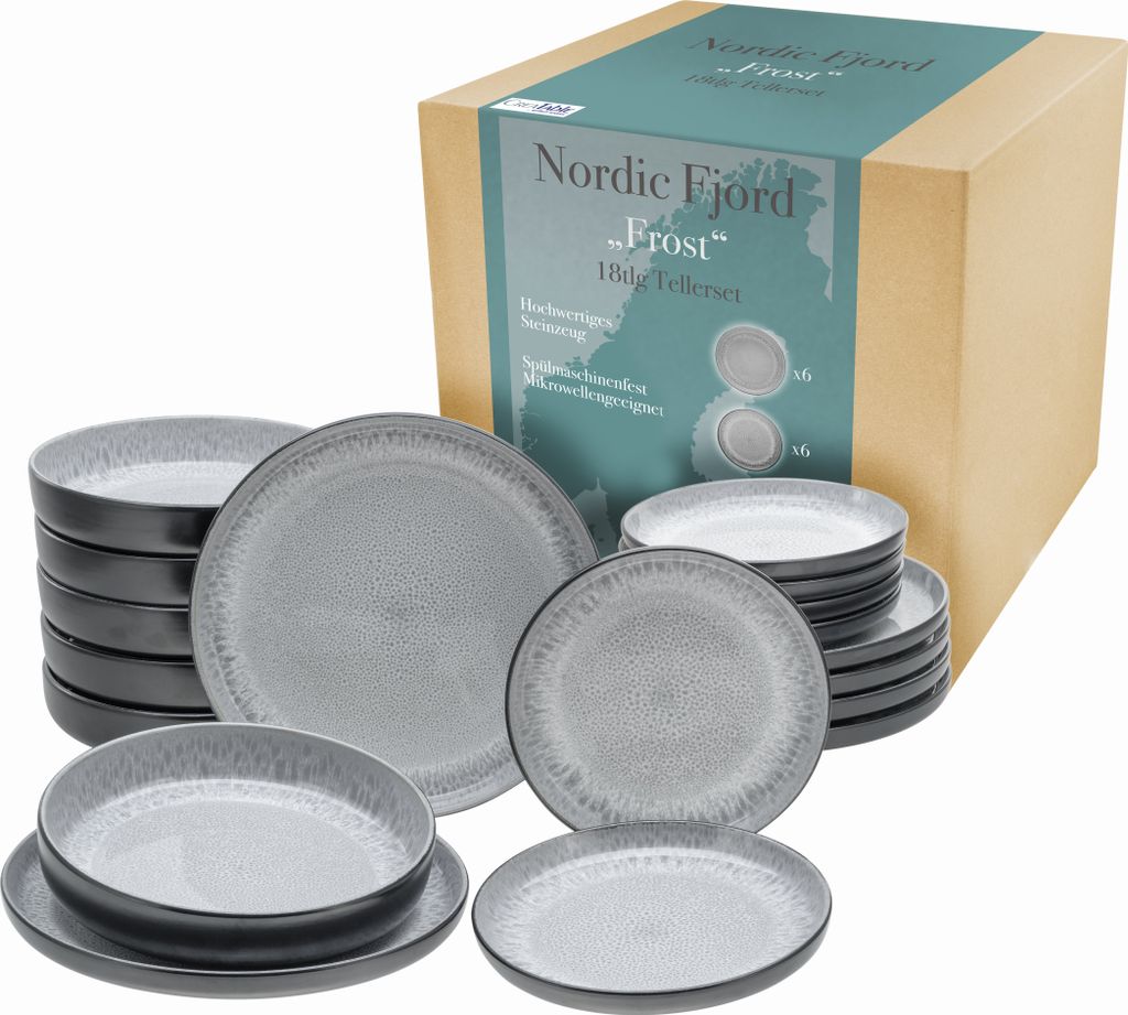 A set of stoneware plates is displayed in front of its packaging.