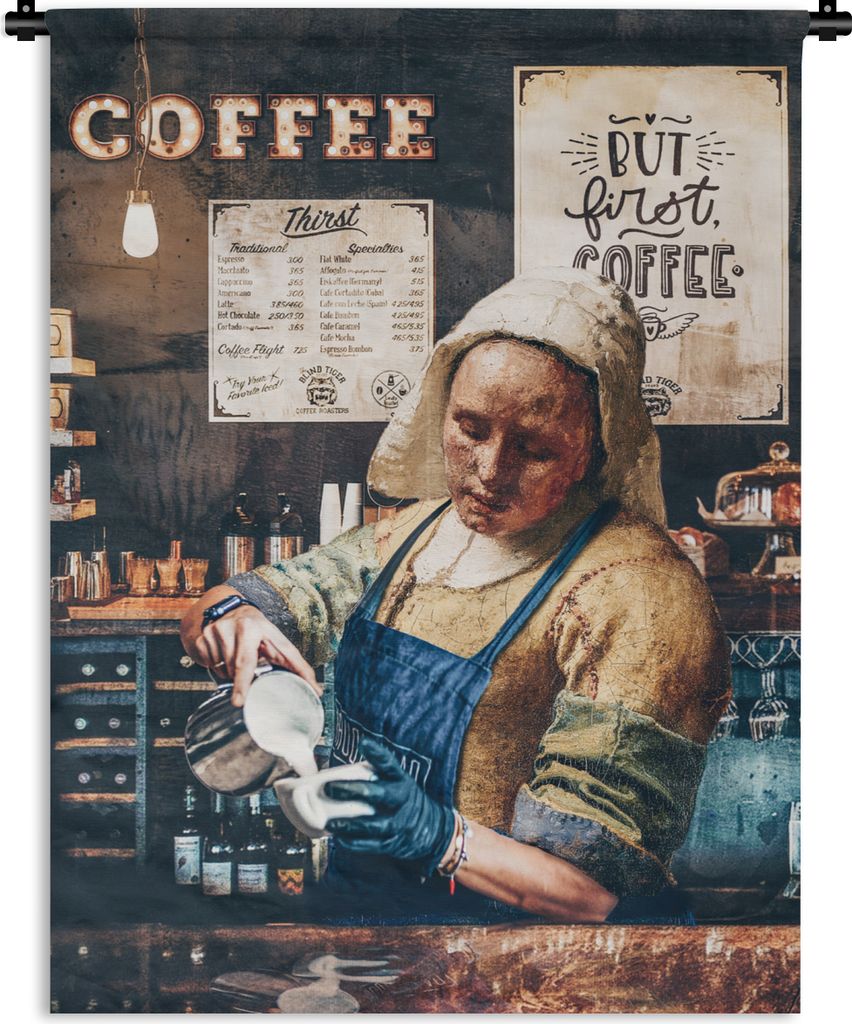 MuchoWow Wandteppich Wandbehang Cappuccino - Vermeer - Milchmädchen - Barista - Kaffee - Vintage 150x200 cm Tapisserie Dekoration Wandtuch - Wan...