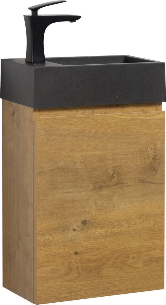 Badplaats Gäste-WC Waschtisch Set Angela 40 x 22 cm Eiche - Platzsparend Badmöbel Set mit Schwarze Waschbecken und Unterschrank, Soft-Close