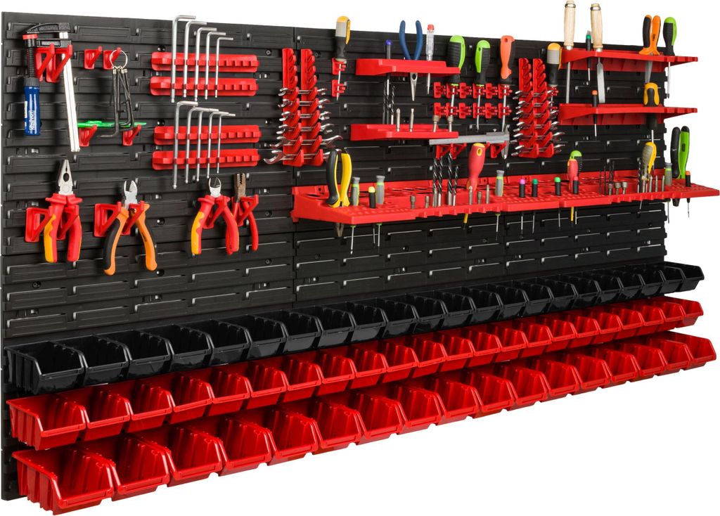 Lagersystem Werkstattregal | 172 x 78 cm | 61 stck. Box | Wandregal mit Werkzeughalterungen und Stapelboxen - Wandplatten Extra Starke Schüttenreg...