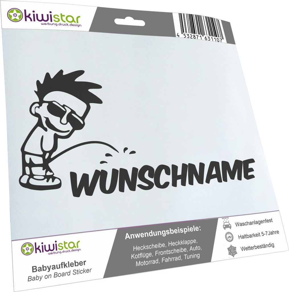 Kiwistar - Autoaufkleber - Piss on Wunschname - Junge mit Sonnenbrille - 40 cm - dunkelgrau - Pissmännchen - Aufkleber für Auto, Laptop, Fahrrad,...