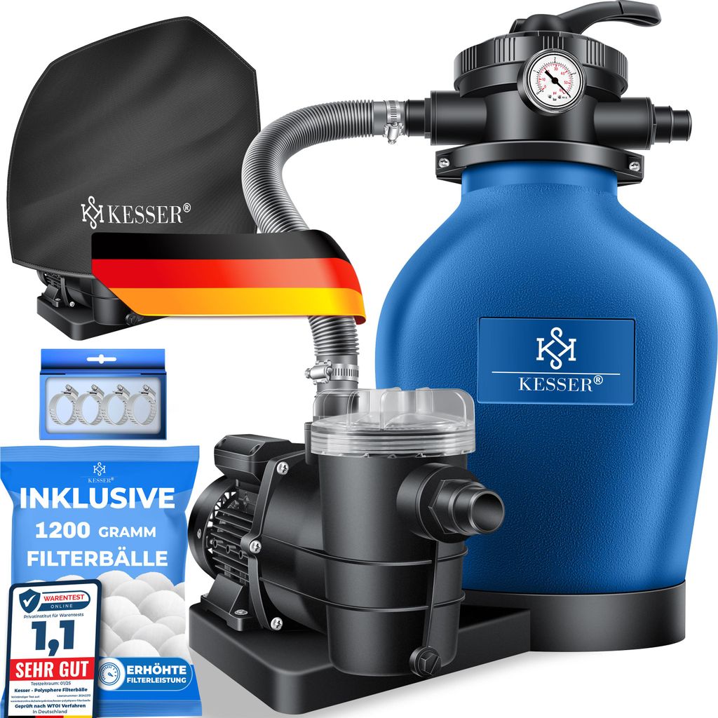 KESSER Sandfilteranlage mit Pumpe & 1200g Filterbälle, Poolfilter 600W Sandfilter für Pool 13200L/h Durchfluss, 7-Wege Ventil mit Druckmanometer