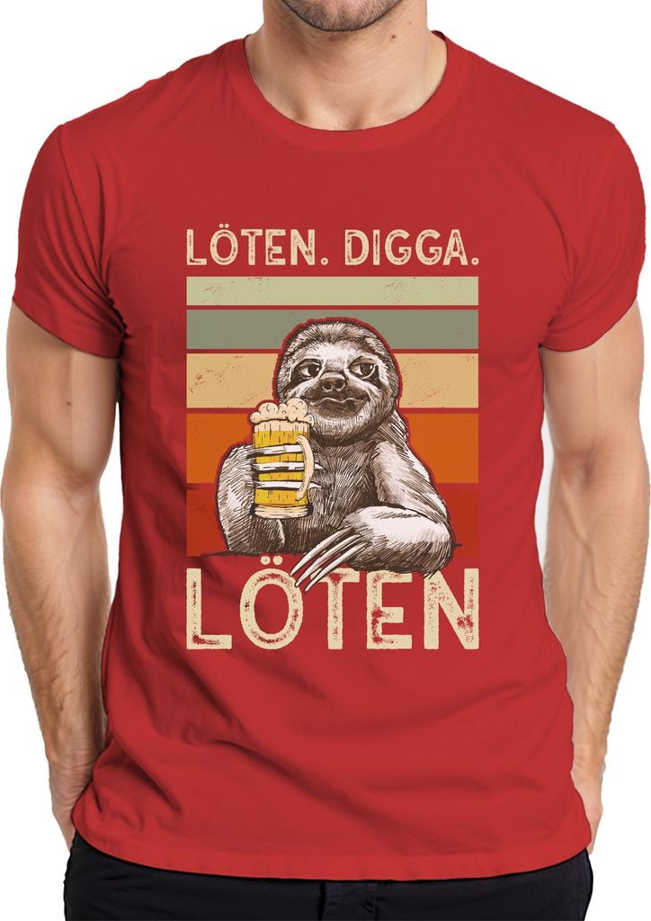 LÖTEN DIGGA Faultier Bier Retro Vintage lustig Party Geschenk Herren T-Shirt, Rot, 3XL