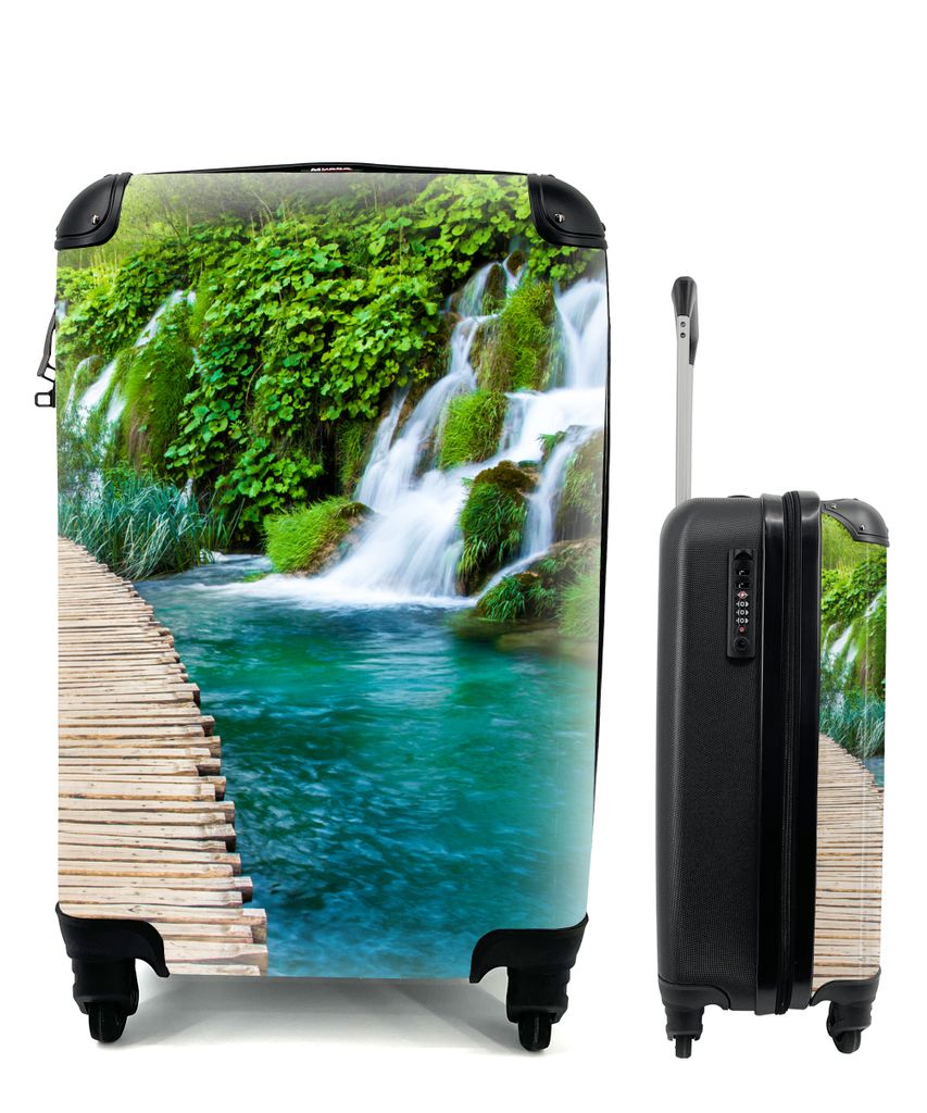 MuchoWow Koffer Handgepäck Trolley Rollkoffer Kleine Reisekoffer mit 4 Rollen - Brücke - Wasser - Pflanzen - Wasserfall - Grün - Cabin Size < ...