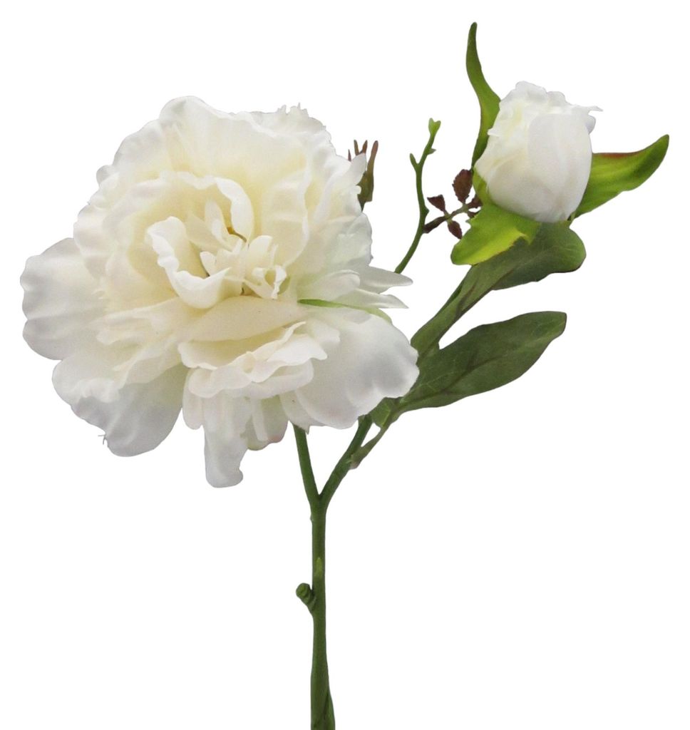 Kunstblume Peonie ca. 39cm, Pfingstrose mit 2 Blüten & Knospe. Weiß
