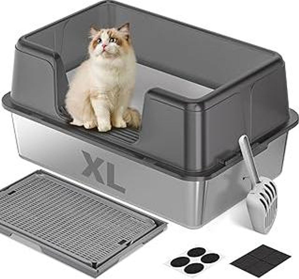 Katzenklo Edelstahl,60 * 40 * 30 cm Offene Edelstahl Katzentoilette,Stainless Steel Litter Box mit Katzenstreumatte und Katzenstreu Schaufel,Klebt ...