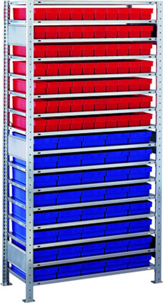 Schulte Kleinteileregal-Set 2 MULTIplus150 | Grundregal | HxBxT 200x100x30cm | 16 Fachböden | Fachlast 150kg | inkl.70 Kästen 8x9x30cm Rot & 40 8...