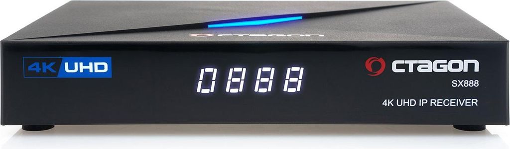 A black Octagon SX888 WL 4K V2 IP Ultra HD H.265 HDMI LAN Stalker IPTV OTT Receiver is shown from the front on a white background.