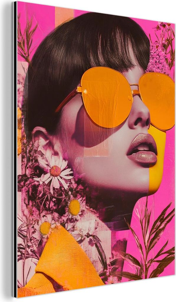 MuchoWow Wanddekoration Metall Metallbild Wandkunst 30x40 cm Sonnenbrille - Orange - Frau - Pflanzen MuchoWow Aluminium Gemälde - Bilder