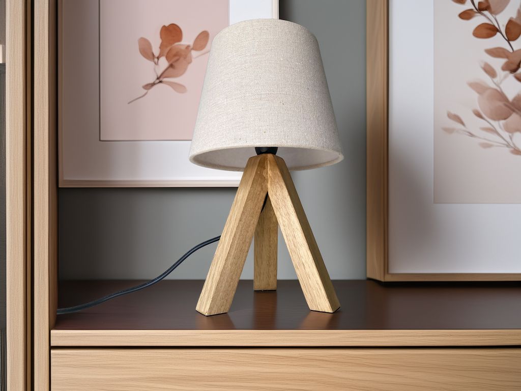 Kleine Dreibein Tischlampe mit Holz-fuß & Stoff Lampenschirm Beige, Höhe 27cm