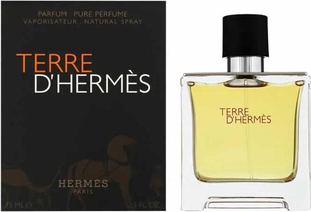 A product shot of Hermes Terre D'Hermes perfume and its packaging.