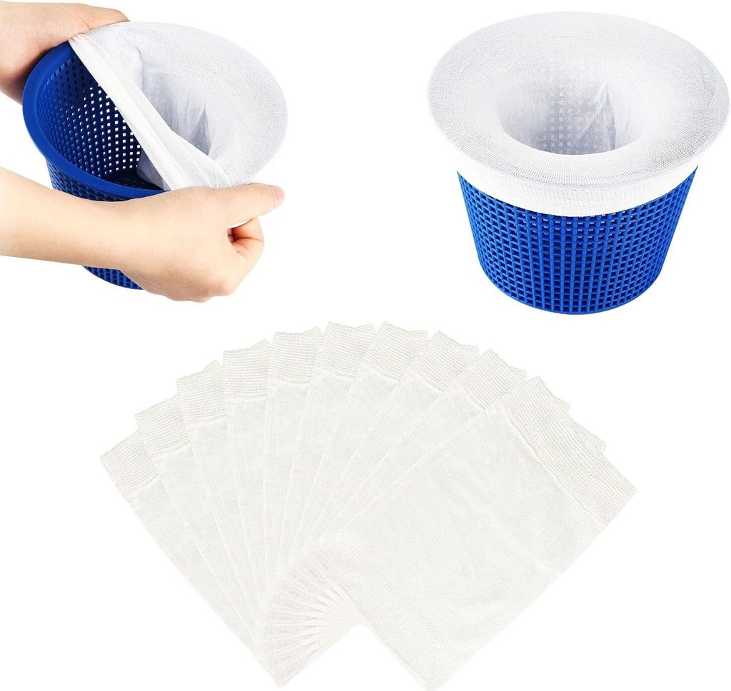 A person is holding a blue pool skimmer basket with a white mesh filter bag inside. Another pool skimmer basket with the filter bag is shown separately. A stack of white mesh filter bags is also visible.